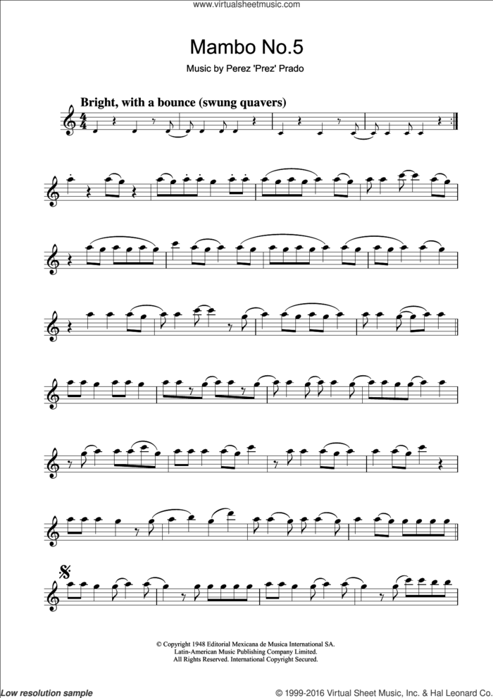 Mambo No. 5 sheet music for clarinet solo by Perez Prado, intermediate skill level