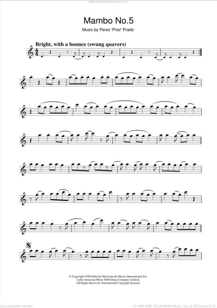 Mambo No. 5 sheet music for clarinet solo by Perez Prado, intermediate skill level