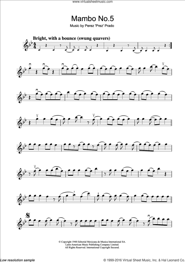 Mambo No. 5 sheet music for violin solo by Perez Prado, intermediate skill level