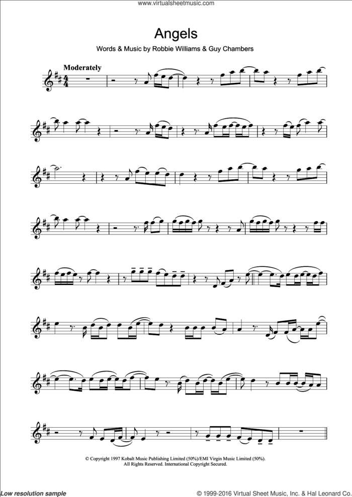 Angels sheet music for clarinet solo by Robbie Williams and Guy Chambers, intermediate skill level