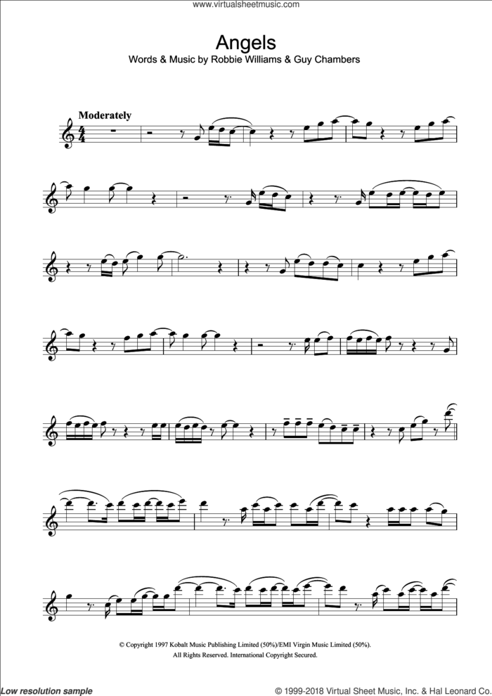 Angels sheet music for flute solo by Robbie Williams and Guy Chambers, intermediate skill level