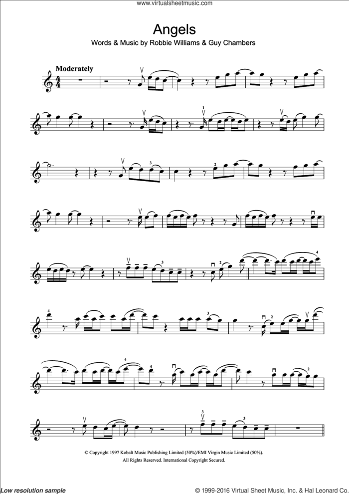 Angels sheet music for violin solo by Robbie Williams and Guy Chambers, intermediate skill level