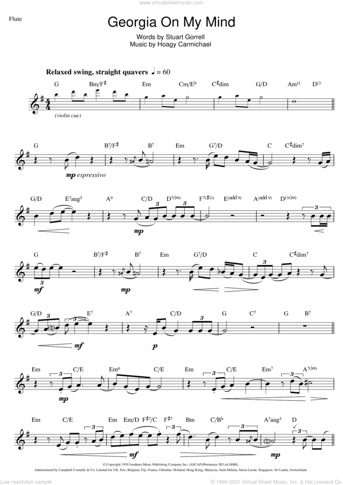 Georgia On My Mind sheet music for flute solo by Ray Charles, Hoagy Carmichael and Stuart Gorrell, intermediate skill level
