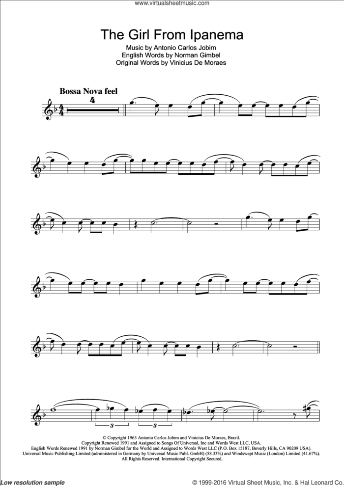 The Girl From Ipanema (Garota De Ipanema) sheet music for flute solo by Antonio Carlos Jobim, Norman Gimbel and Vinicius de Moraes, intermediate skill level