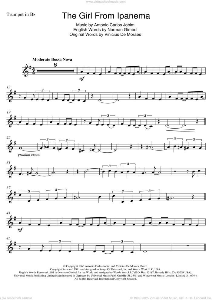 The Girl From Ipanema (feat. Astrud Gilberto) sheet music for trumpet solo by Stan Getz & João Gilberto, Antonio Carlos Jobim, Norman Gimbel and Vinicius de Moraes, intermediate skill level