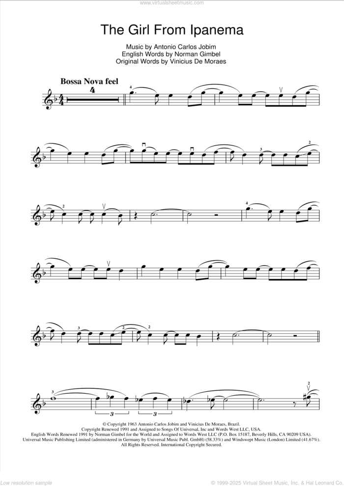 The Girl From Ipanema (feat. Astrud Gilberto) sheet music for violin solo by Stan Getz & João Gilberto, Antonio Carlos Jobim, Norman Gimbel and Vinicius de Moraes, intermediate skill level