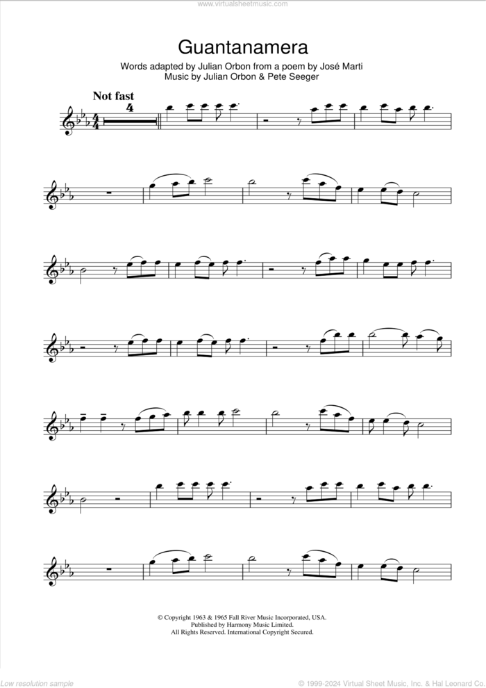 Guantanamera sheet music for flute solo by Pete Seeger, JosAA Marti and Jose Marti and Jose Marti, intermediate skill level