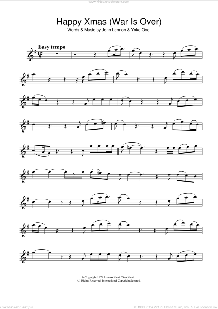 Happy Xmas (War Is Over) sheet music for clarinet solo by John Lennon and Yoko Ono, intermediate skill level