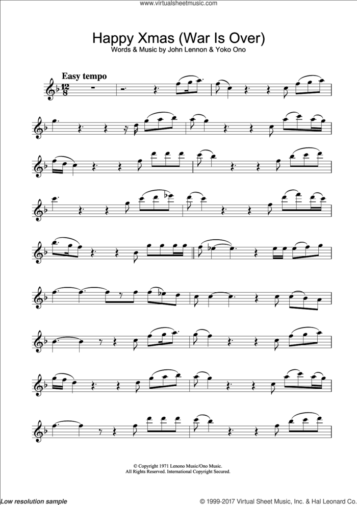 Happy Xmas (War Is Over) sheet music for flute solo by John Lennon and Yoko Ono, intermediate skill level