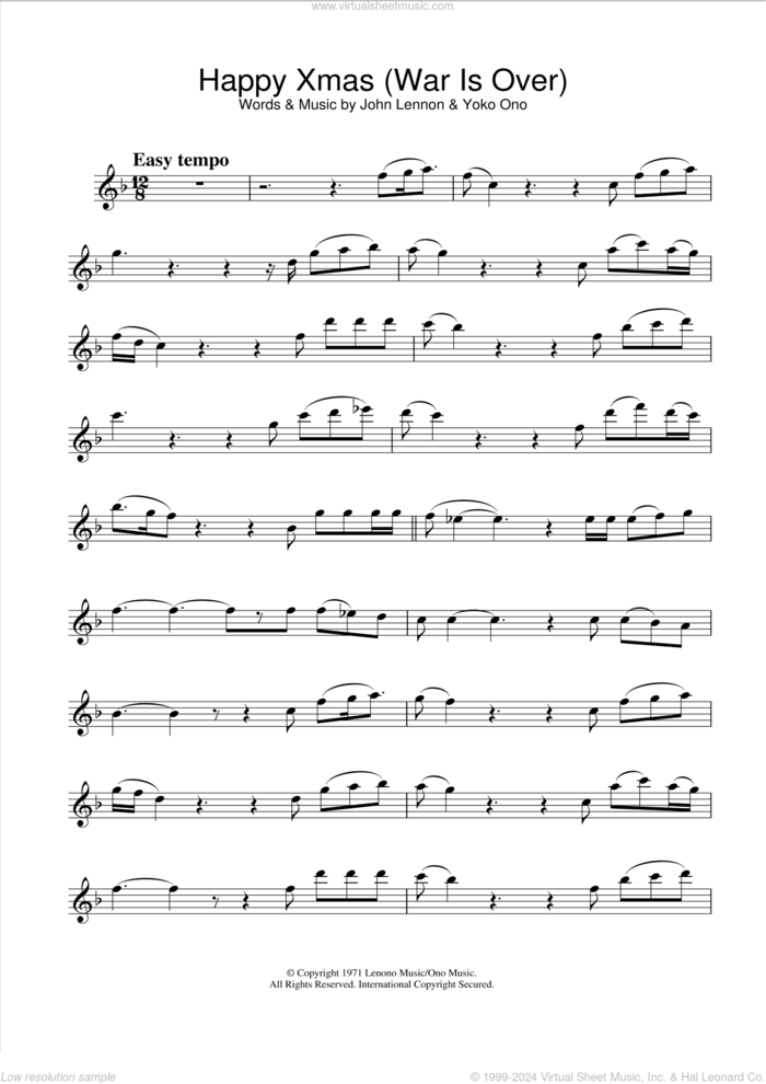 Happy Xmas (War Is Over) sheet music for flute solo by John Lennon and Yoko Ono, intermediate skill level