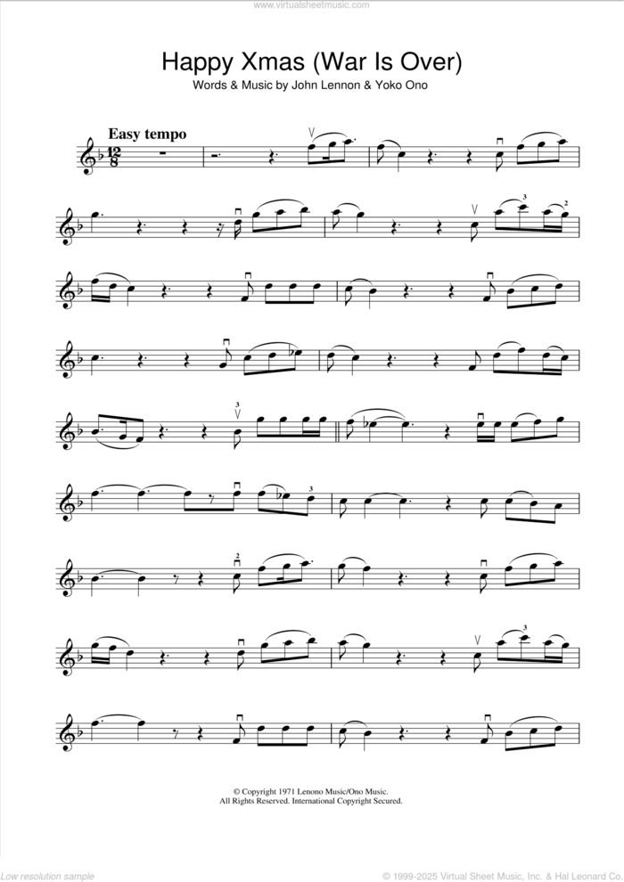 Happy Xmas (War Is Over) sheet music for violin solo by John Lennon and Yoko Ono, intermediate skill level