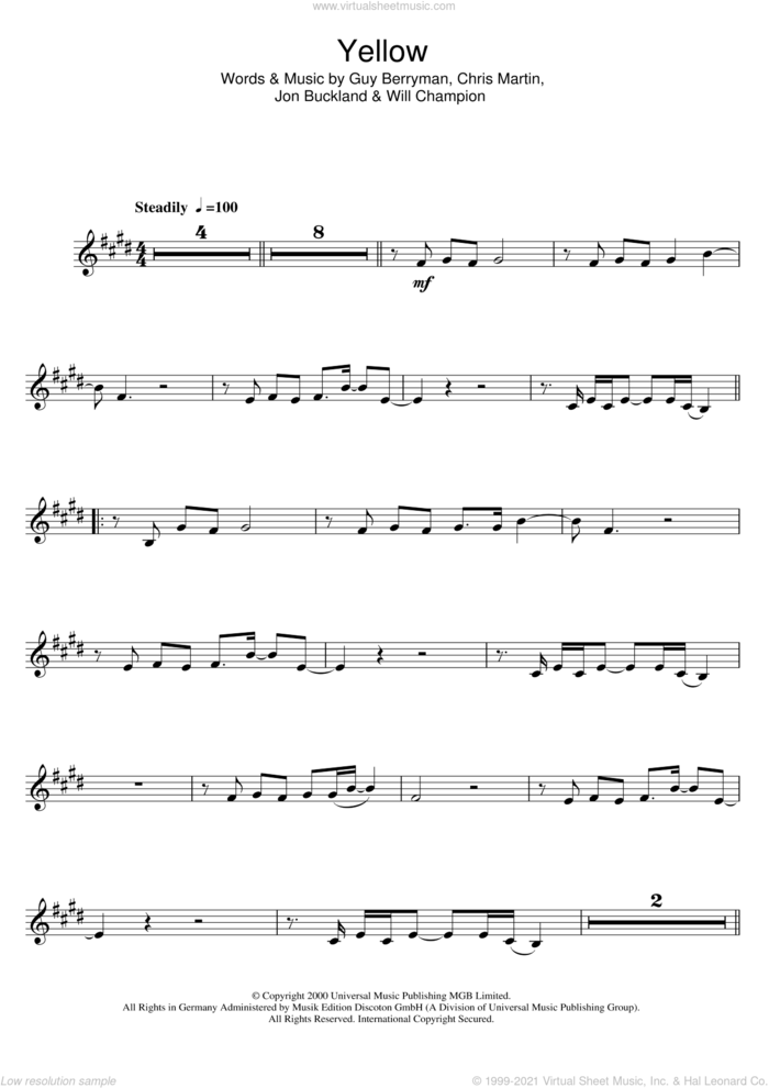 Yellow sheet music for clarinet solo by Coldplay, Chris Martin, Guy Berryman, Jonny Buckland and Will Champion, intermediate skill level