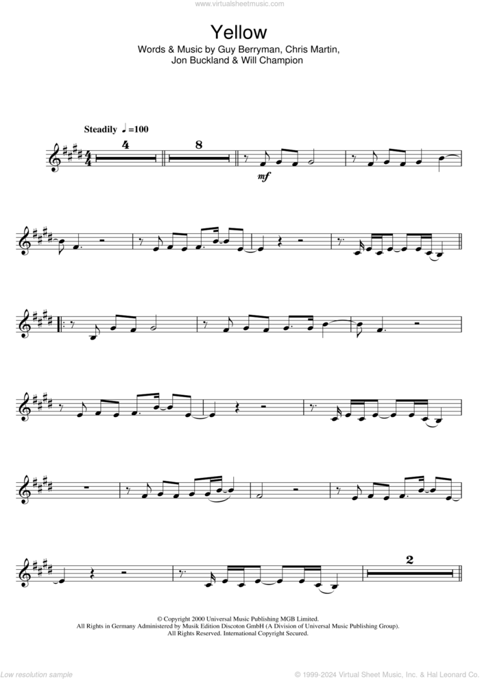 Yellow sheet music for clarinet solo by Coldplay, Chris Martin, Guy Berryman, Jonny Buckland and Will Champion, intermediate skill level