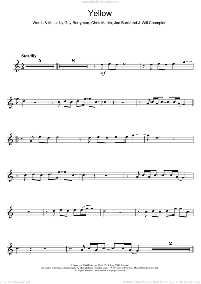 Yellow sheet music for flute solo by Coldplay, Chris Martin, Guy Berryman, Jonny Buckland and Will Champion, intermediate skill level