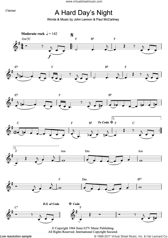 A Hard Day's Night sheet music for clarinet solo by The Beatles, John Lennon and Paul McCartney, intermediate skill level