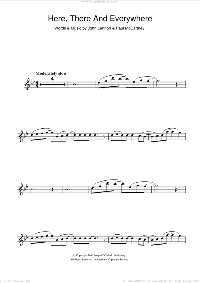 Here, There And Everywhere sheet music for flute solo by The Beatles, John Lennon and Paul McCartney, wedding score, intermediate skill level