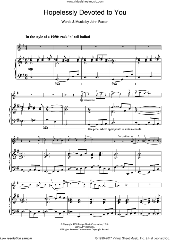 Hopelessly Devoted To You (from Grease) sheet music for violin solo by Olivia Newton-John and John Farrar, intermediate skill level
