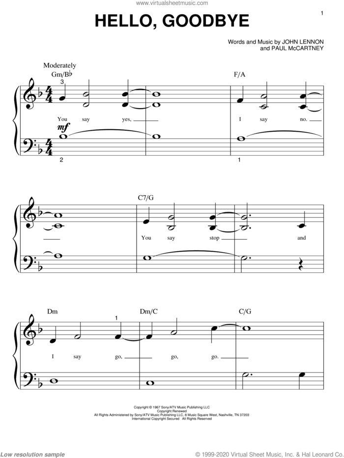 Hello, Goodbye sheet music for piano solo (big note book) by The Beatles, John Lennon and Paul McCartney, easy piano (big note book)