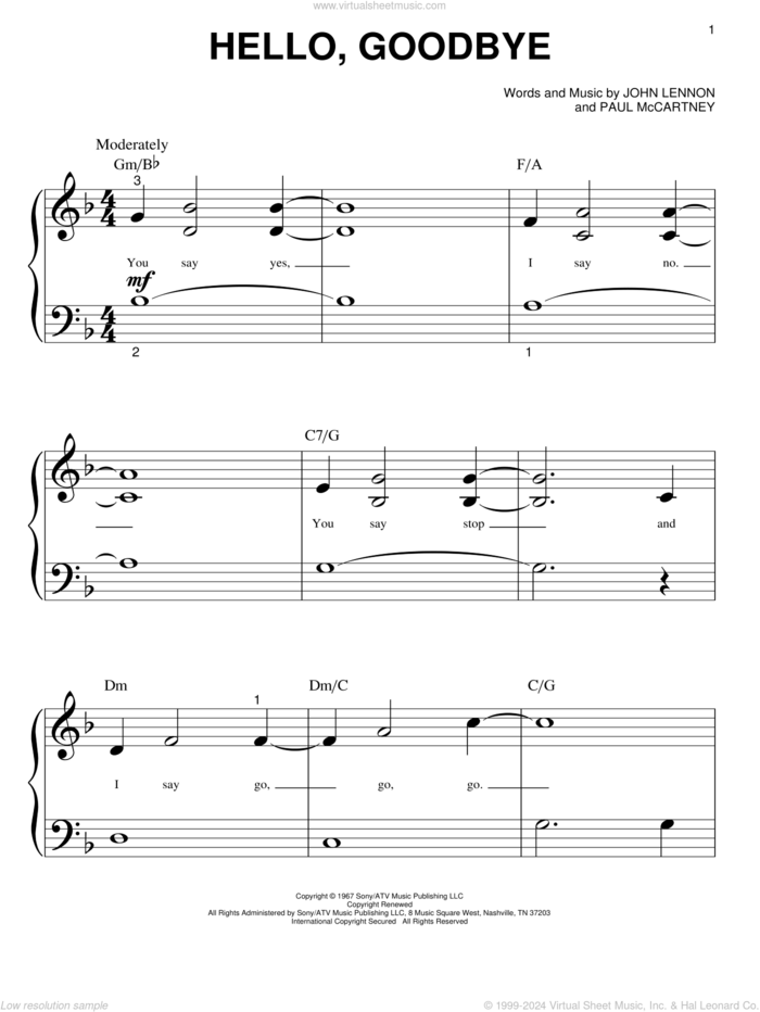 Hello, Goodbye sheet music for piano solo (big note book) by The Beatles, John Lennon and Paul McCartney, easy piano (big note book)