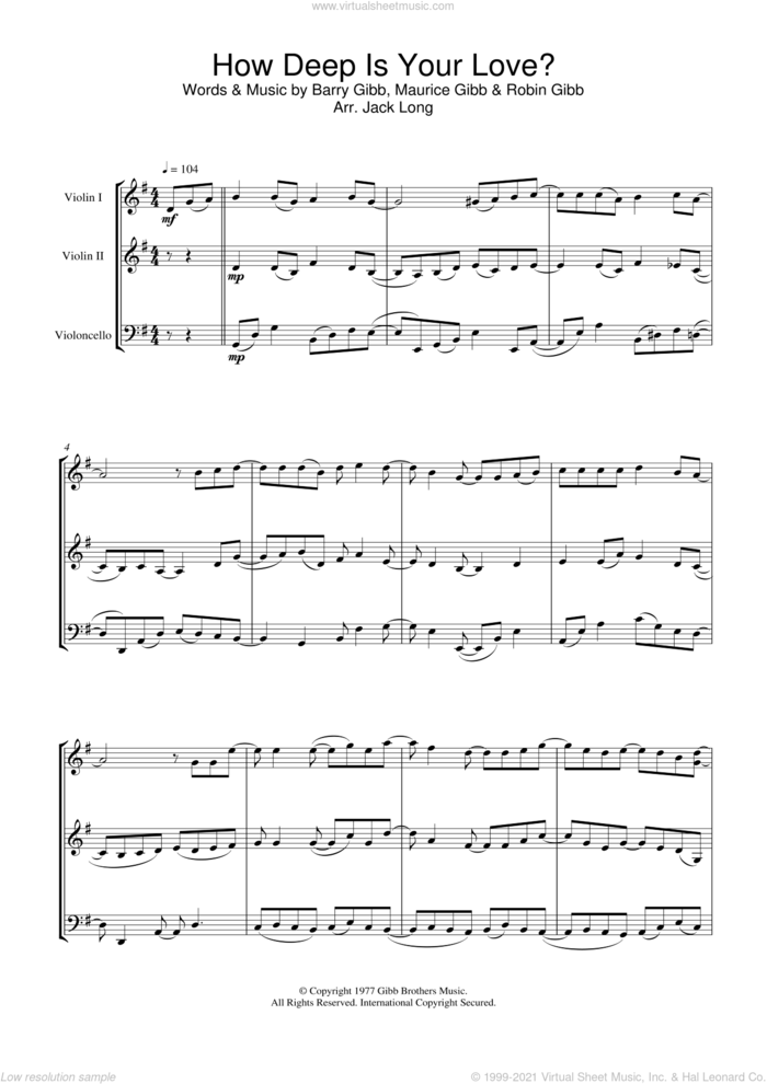 How Deep Is Your Love sheet music for violin solo by Bee Gees, Barry Gibb, Maurice Gibb and Robin Gibb, intermediate skill level