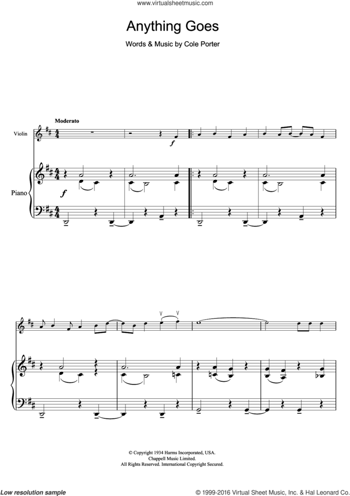 Anything Goes sheet music for violin solo by Cole Porter, intermediate skill level