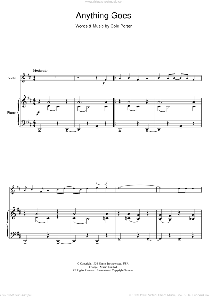 Anything Goes sheet music for violin solo by Cole Porter, intermediate skill level