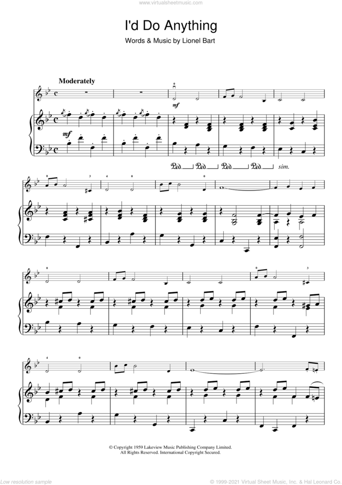 I'd Do Anything (from Oliver!) sheet music for violin solo by Lionel Bart, intermediate skill level