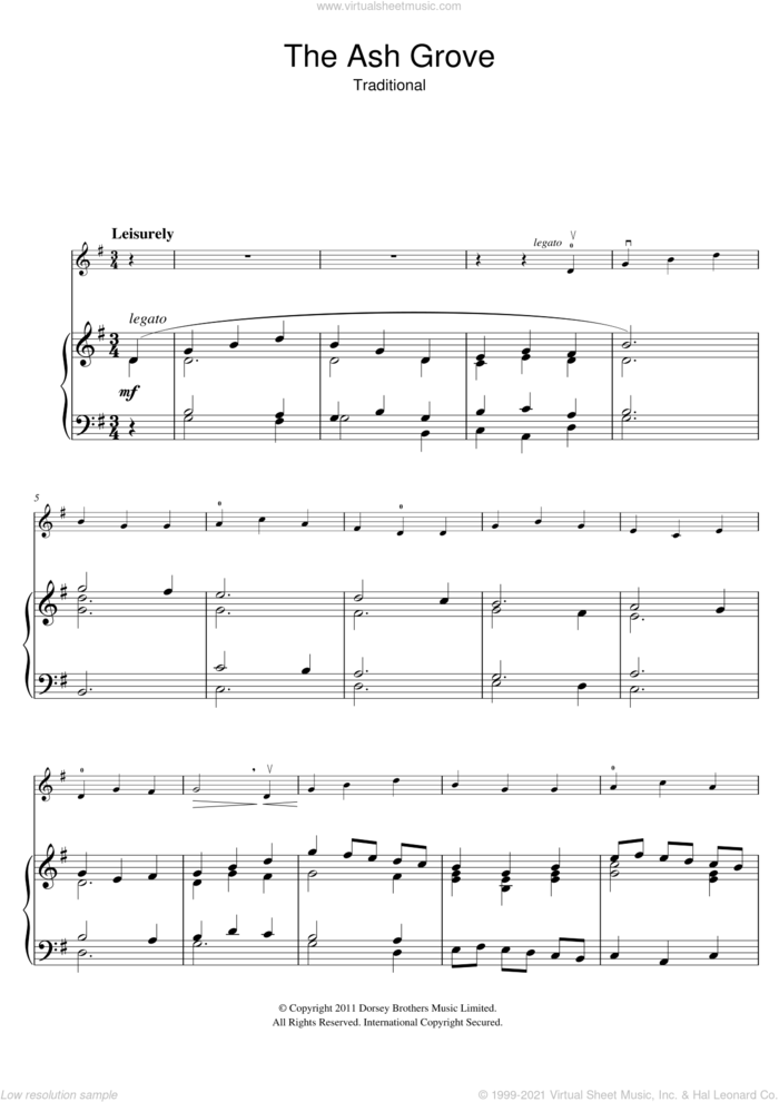 The Ash Grove sheet music for violin solo, intermediate skill level
