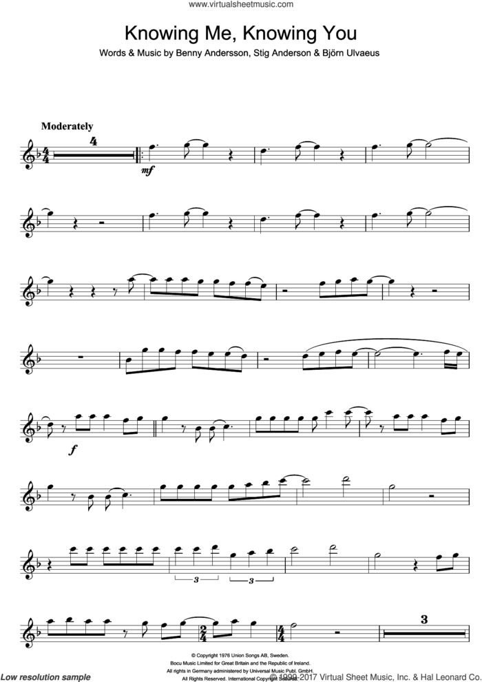 Knowing Me, Knowing You sheet music for flute solo by ABBA, Benny Andersson, Bjorn Ulvaeus and Stig Anderson, intermediate skill level