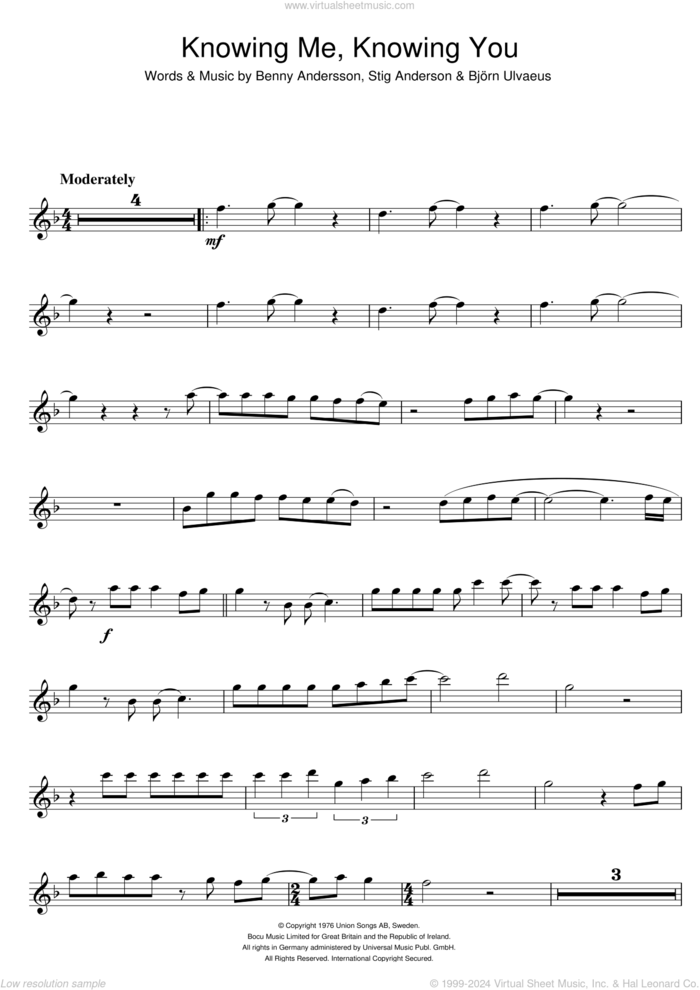 Knowing Me, Knowing You sheet music for flute solo by ABBA, Benny Andersson, Bjorn Ulvaeus and Stig Anderson, intermediate skill level