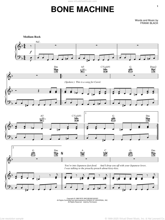 Bone Machine sheet music for voice, piano or guitar by Pixies and Francis Black, intermediate skill level