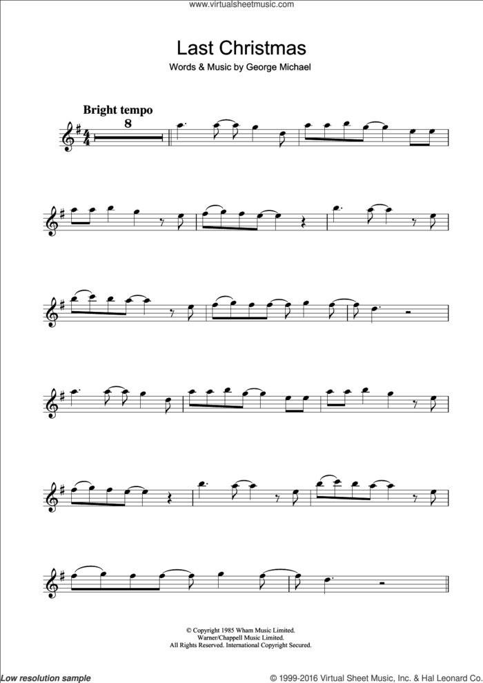 Last Christmas sheet music for clarinet solo by Wham! and George Michael, intermediate skill level