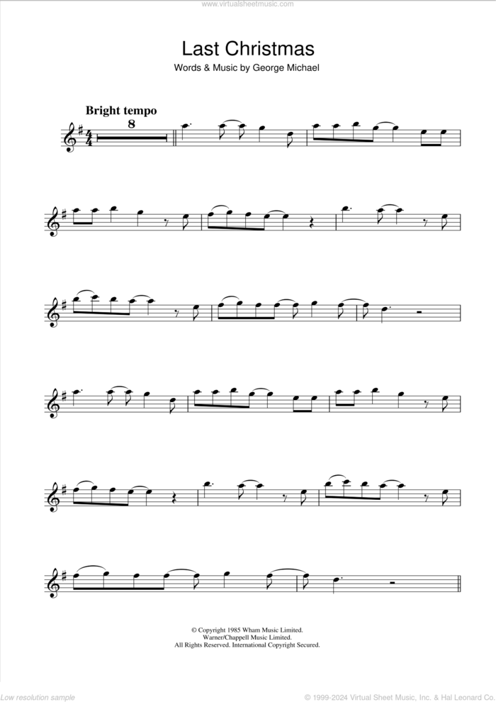 Last Christmas sheet music for clarinet solo by Wham! and George Michael, intermediate skill level