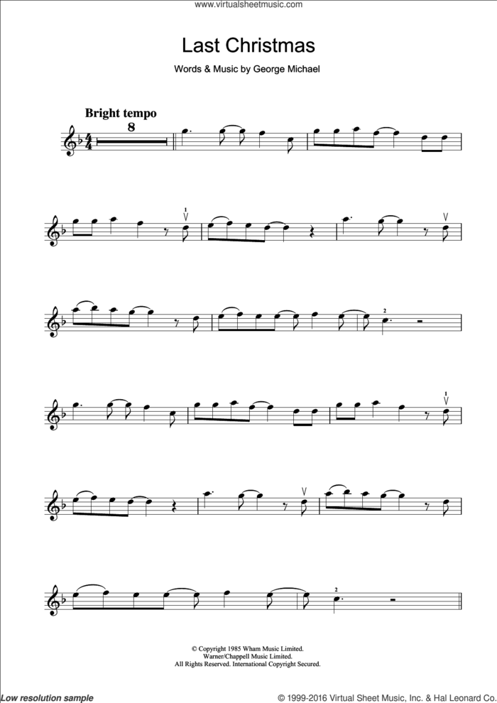Last Christmas sheet music for violin solo by Wham! and George Michael, intermediate skill level