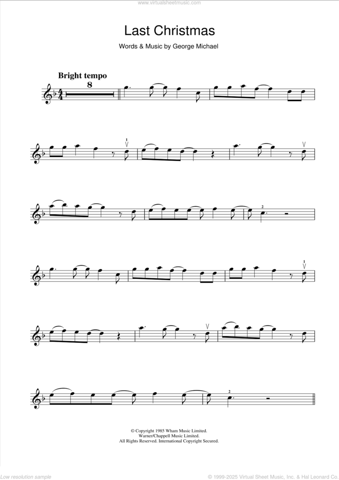 Last Christmas sheet music for violin solo by Wham! and George Michael, intermediate skill level