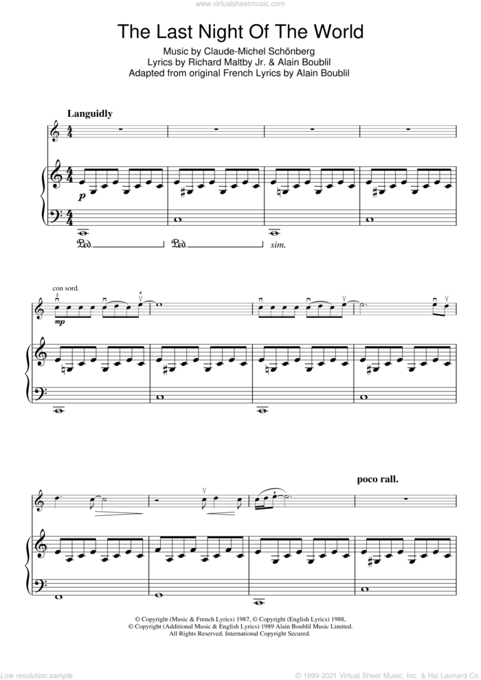 The Last Night Of The World (from Miss Saigon) sheet music for violin solo by Boublil and Schonberg, Alain Boublil, Claude-Michel Schonberg and Richard Maltby, Jr., intermediate skill level