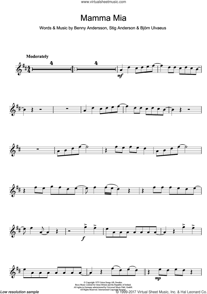 Mamma Mia sheet music for clarinet solo by ABBA, Benny Andersson, Bjorn Ulvaeus and Stig Anderson, intermediate skill level