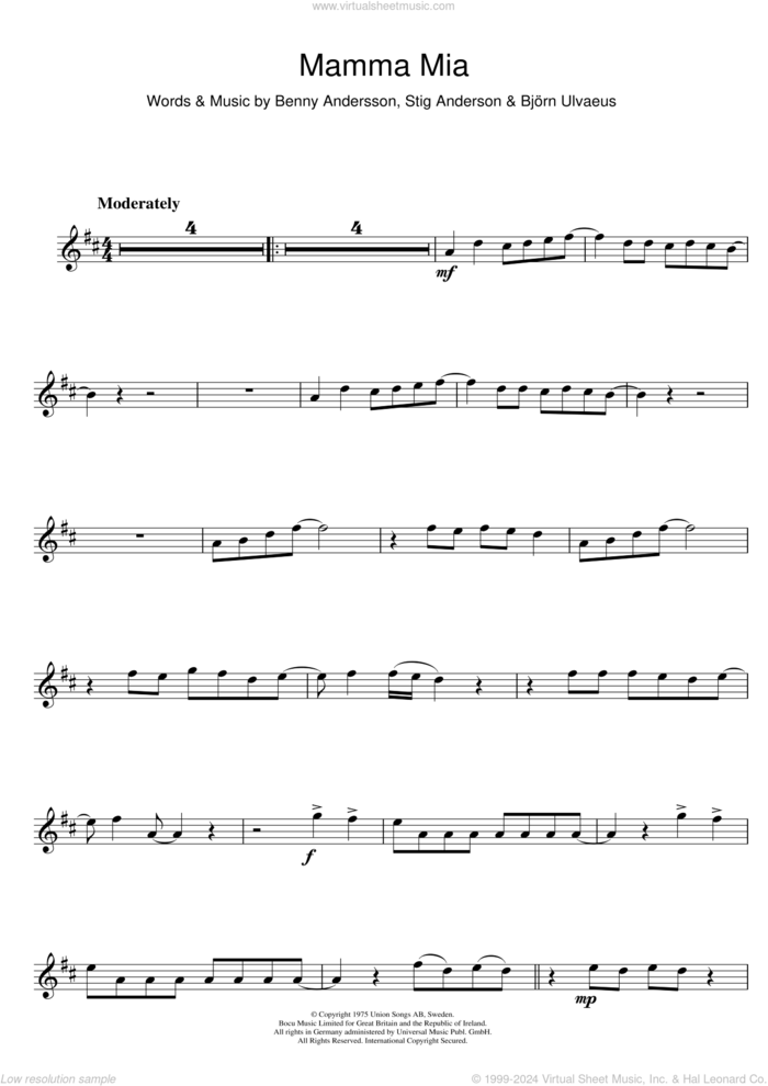 Mamma Mia sheet music for clarinet solo by ABBA, Benny Andersson, Bjorn Ulvaeus and Stig Anderson, intermediate skill level