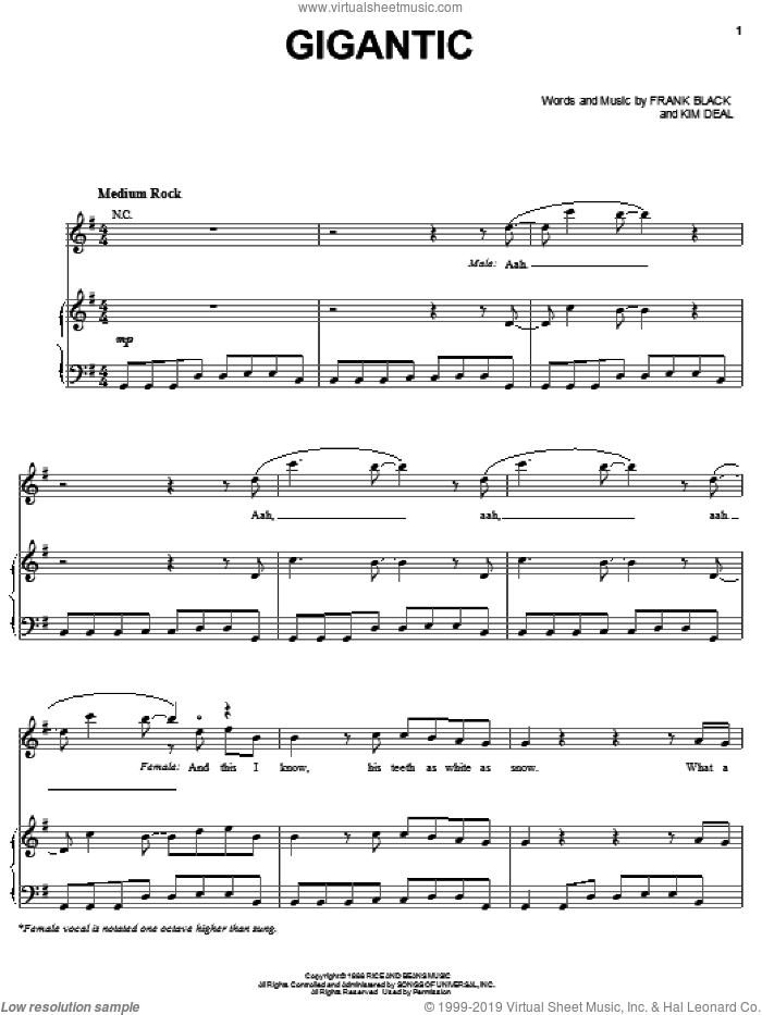 Gigantic sheet music for voice, piano or guitar by Pixies, Francis Black and Kim Deal, intermediate skill level