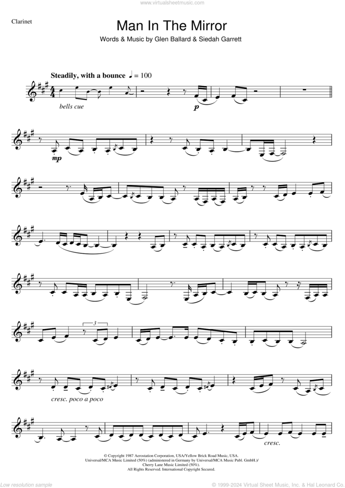 Man In The Mirror sheet music for clarinet solo by Michael Jackson, Glen Ballard and Siedah Garrett, intermediate skill level