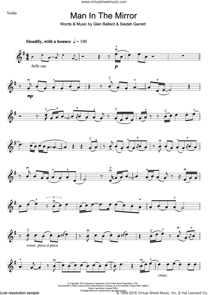 Man In The Mirror sheet music for violin solo by Michael Jackson, Glen Ballard and Siedah Garrett, intermediate skill level