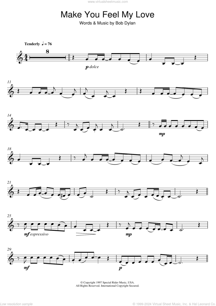 Make You Feel My Love sheet music for clarinet solo by Adele and Bob Dylan, intermediate skill level