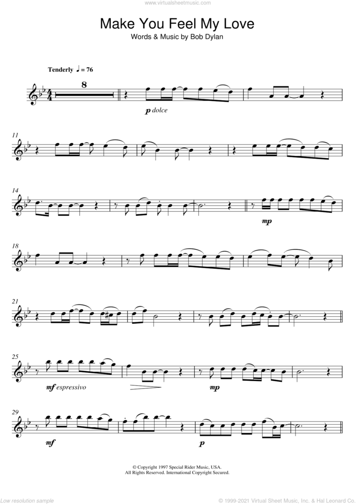Make You Feel My Love sheet music for flute solo by Adele and Bob Dylan, intermediate skill level