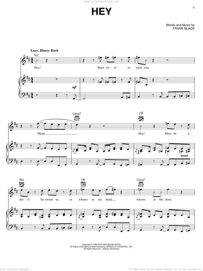 Hey sheet music for voice, piano or guitar by Pixies and Francis Black, intermediate skill level