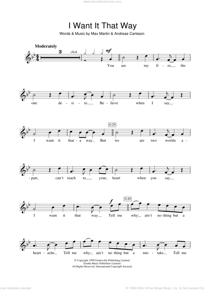 I Want It That Way sheet music for flute solo by Backstreet Boys, Andreas Carlsson and Max Martin, intermediate skill level