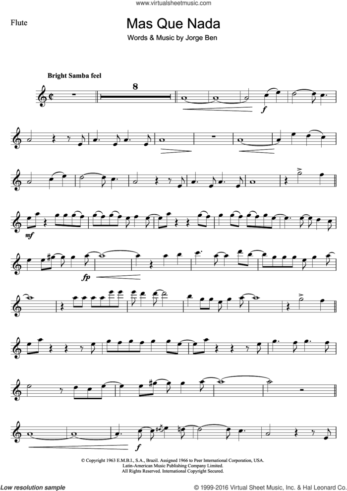 Mas Que Nada (Say No More) sheet music for flute solo by Jorge Ben, intermediate skill level