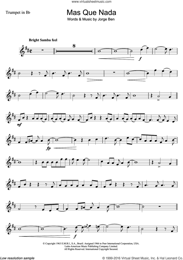 Mas Que Nada (Say No More) sheet music for trumpet solo by Jorge Ben, intermediate skill level