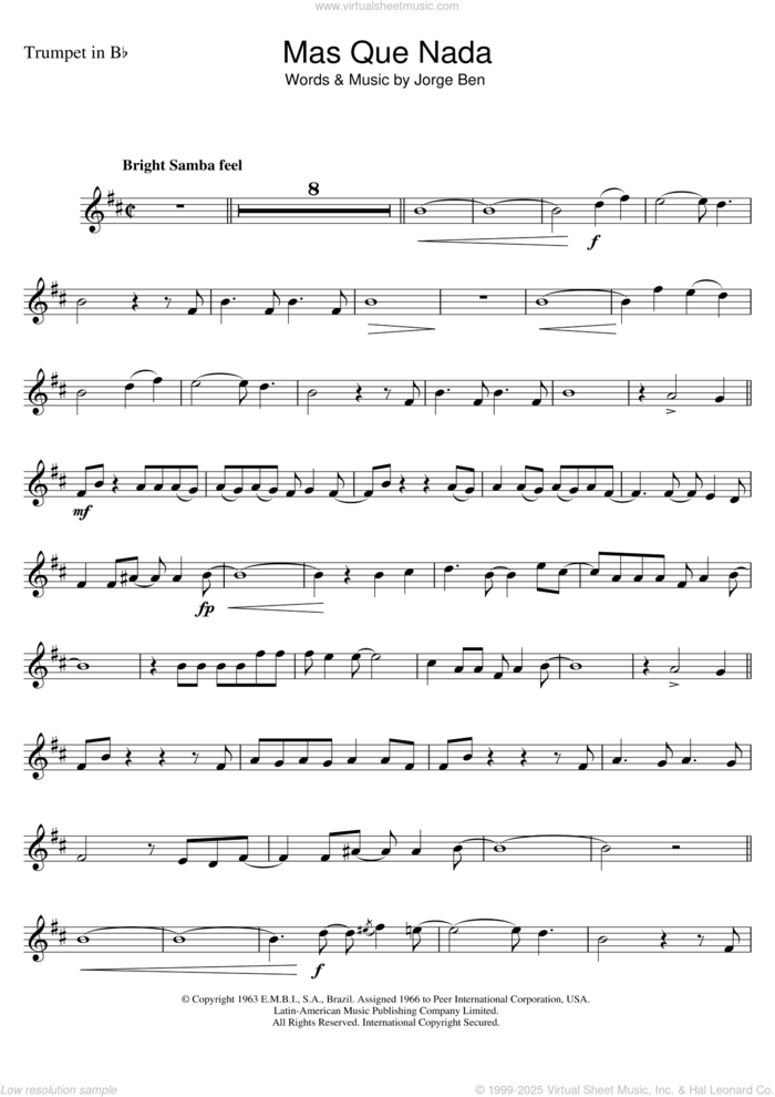 Mas Que Nada (Say No More) sheet music for trumpet solo by Jorge Ben, intermediate skill level