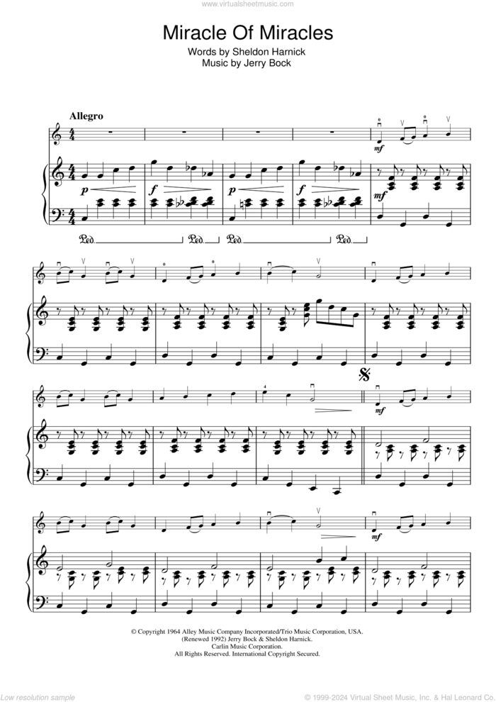 Miracle Of Miracles (from Fiddler On The Roof) sheet music for violin solo by Jerry Bock and Sheldon Harnick, intermediate skill level