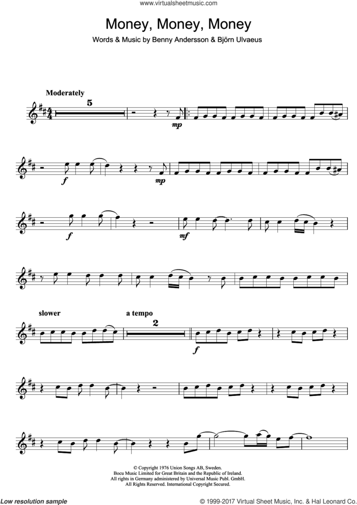 Money, Money, Money sheet music for clarinet solo by ABBA, Benny Andersson and Bjorn Ulvaeus, intermediate skill level